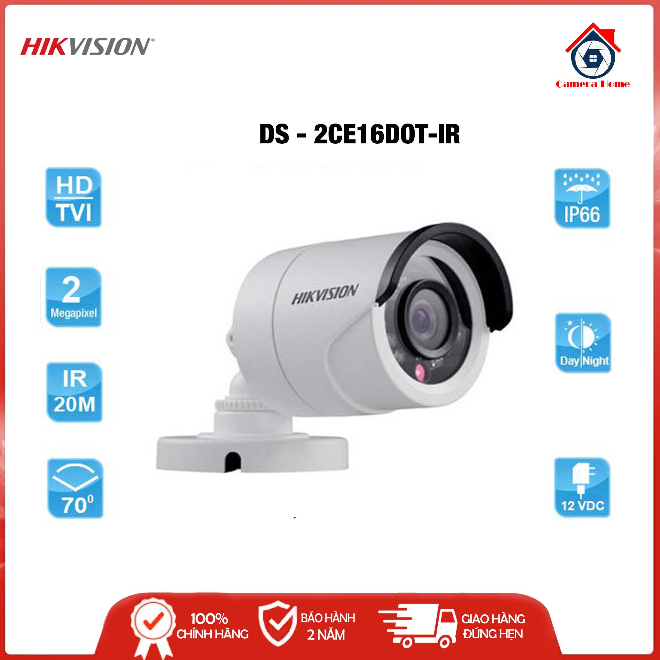 [HCM][BEST SELLER] Camera HDTVI 2MP thân hồng ngoại Hikvision DS-2CE16D0T-IR(C) - Camera Home