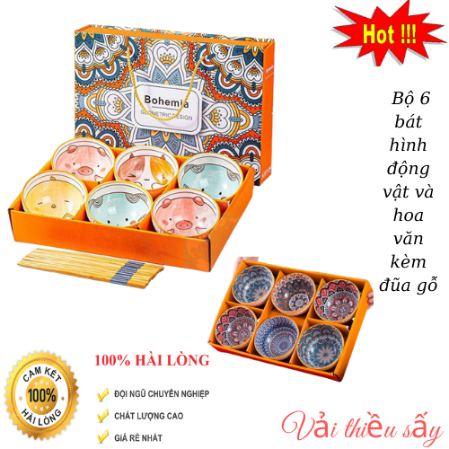 Set bát kèm đũa gỗ hình động vật bohemia - bộ 6 bát hình động vật và hoa văn kèm đũa gỗ