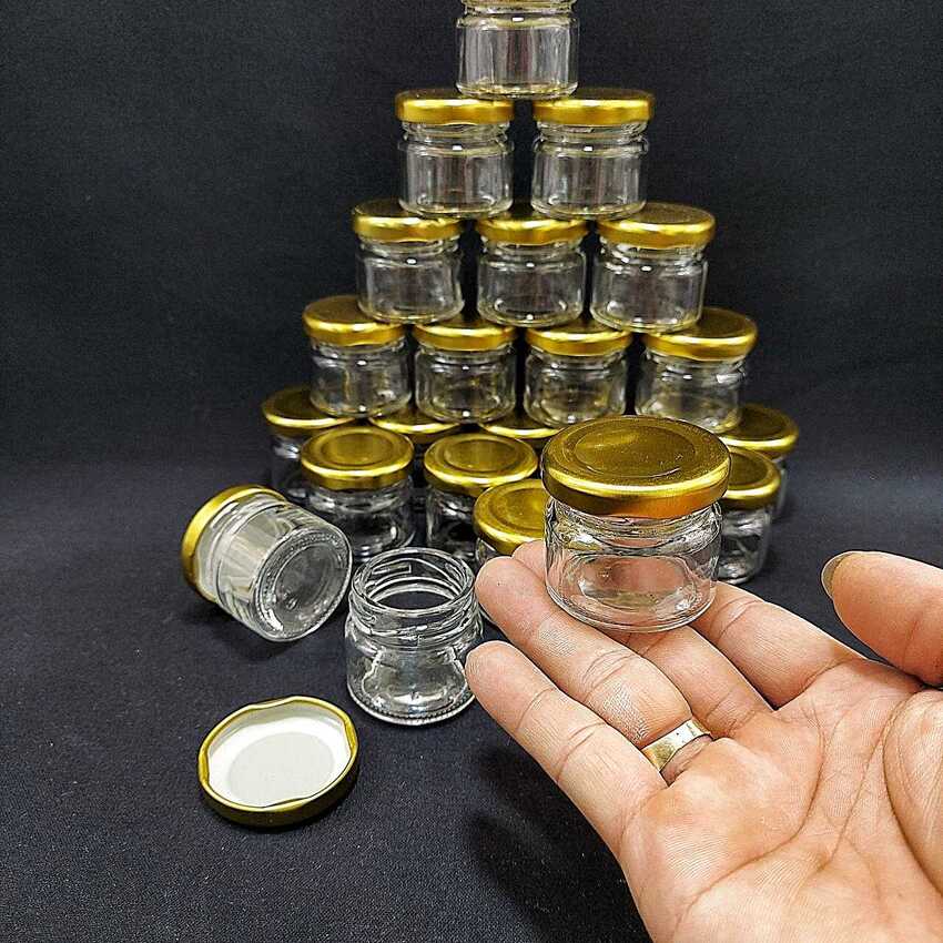 Hũ Thủy Tinh Nhỏ 30ML (combo 30 cái) mẫu trụ tròn nắp thiếc vàng – Lọ Thủy Tinh Mini đựng mật ong, thực phẩm, mỹ phẩm