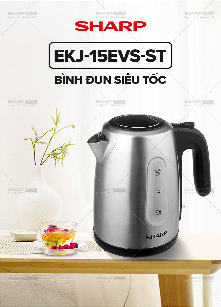 Bình Đun Siêu Tốc 1.5 Lít Sharp EKJ-15EVS-ST [Vạch báo mực nước: hai bên, Cảm biến nhiệt: FADA] - Bảo Hành Chính Hãng 12 tháng