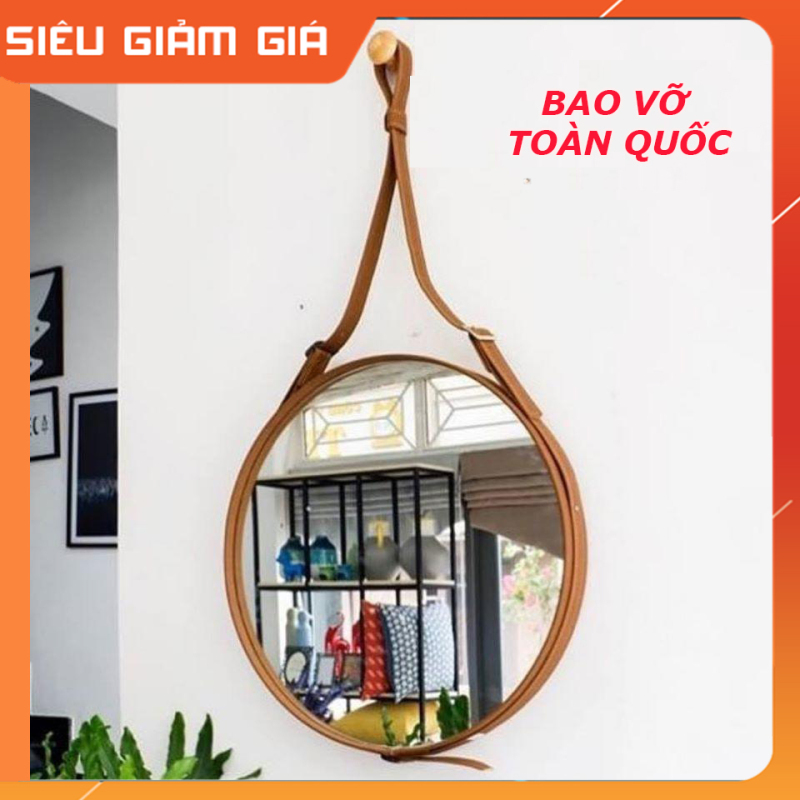 (Size 40cm) Gương Tròn Treo Tường Viền Da Simili (Màu Vàng Bò)