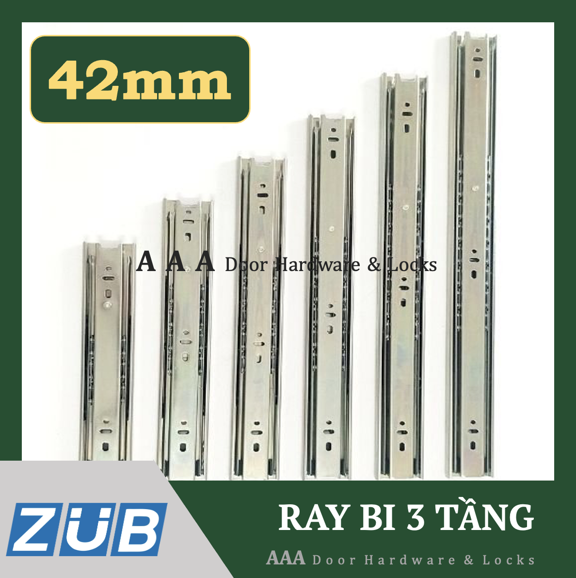 Bộ 2 thanh ray trượt hộc tủ - Ray trượt 3 bi 3 tầng ngăn kéo tủ bản 42mm
