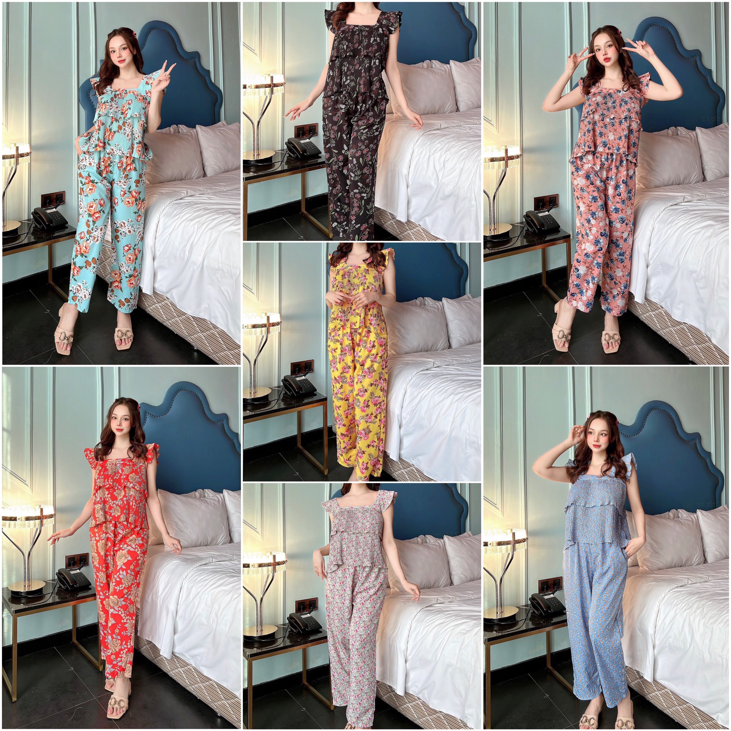 Set lụa hàn dập ly quần có túi họa tiết hoa nhí (Freesize dưới 60kg)