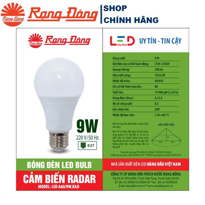 Bóng đèn led bulb rạng đông cảm biến radar a60n3/7w/9w/15w