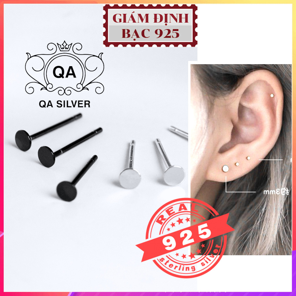 Bông tai bạc 925 đinh tán tròn dẹt khuyên nụ nam nữ đen S925 MINIMAL QA Silver Earrings EA200407