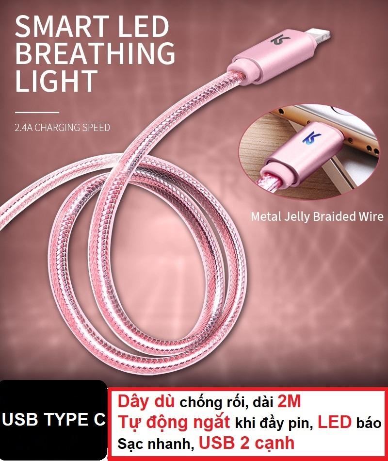 [HCM]Cáp sạc USB Type C tự ngắt khi đầy pin - Dây dù 2m - Sạc nhanh - LED báo sạc - USB 2 cạnh - Hãng KAKU - Sạc qua đêm chống chai pin sạc thông minh sạc điện tự ngắt cáp sạc USB Type-C andro