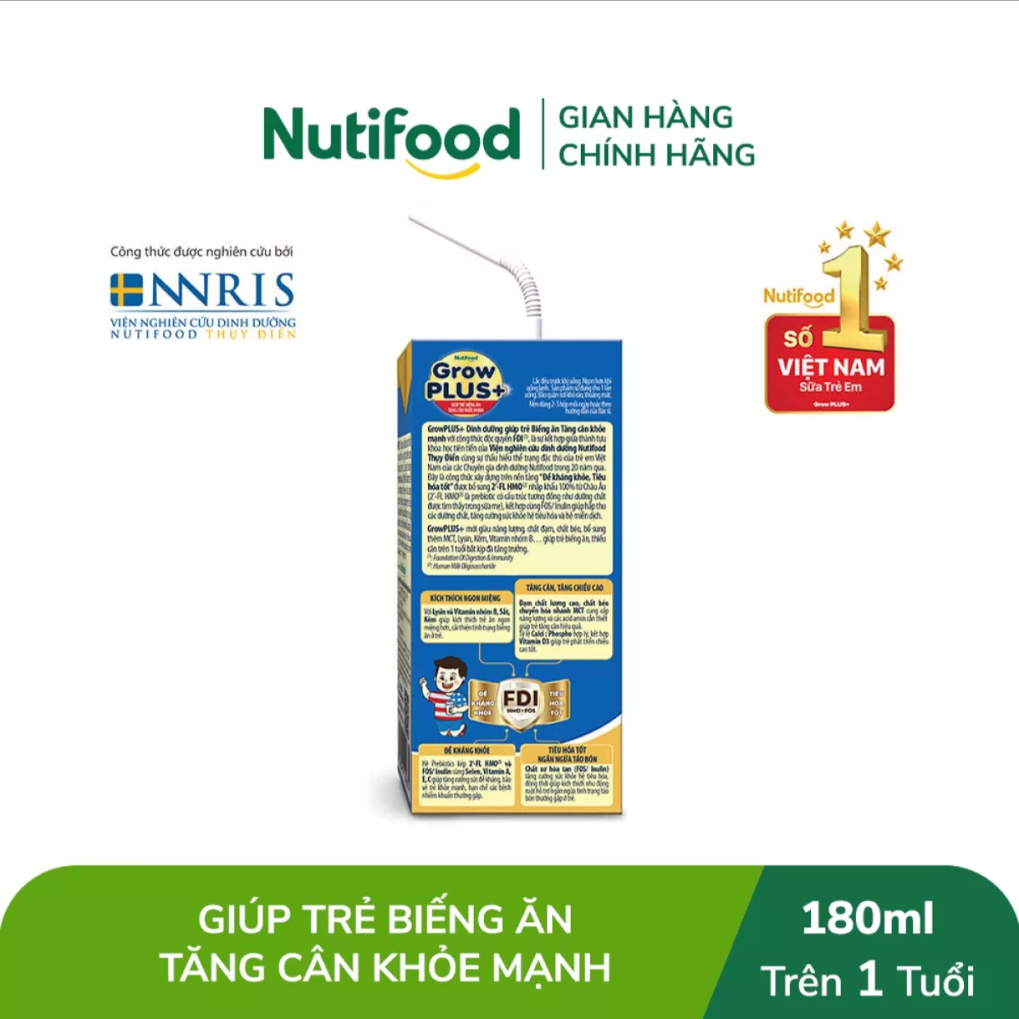 Thùng 48 Hộp Sữa Bột Pha Sẵn NutiFood Grow Plus 1+ {Xanh} (180ml).