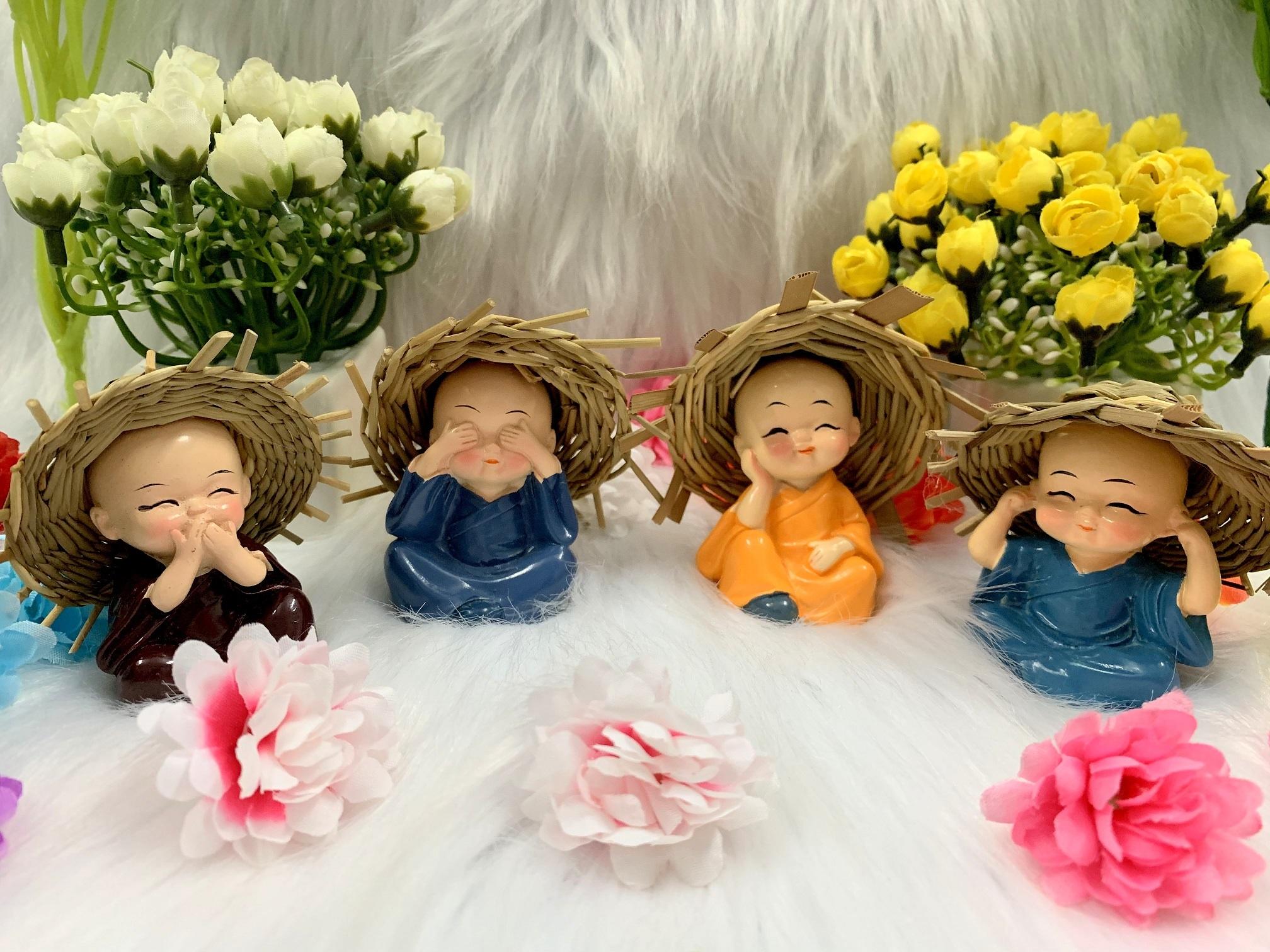 [HCM]Bộ 4 tượng chú tiểu Tứ Không đội nón rơm