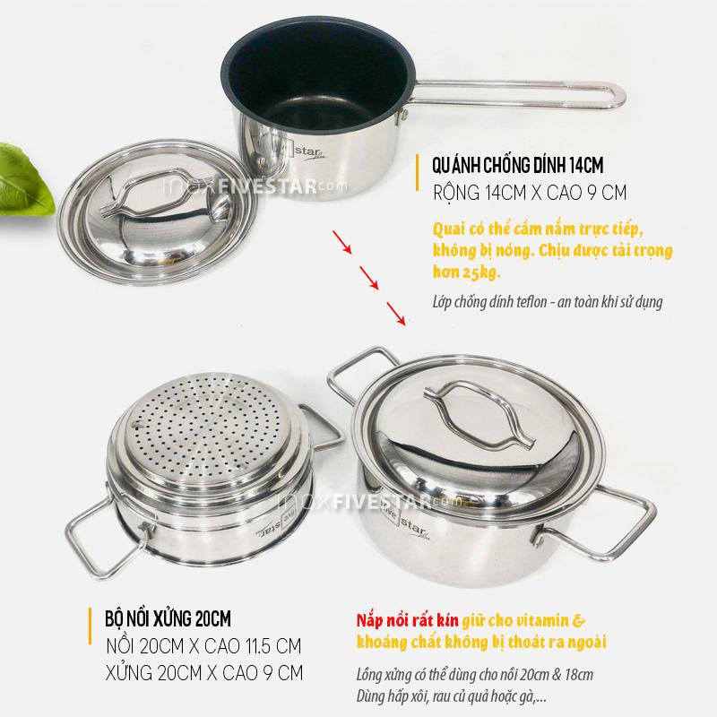 BỘ 5 NỒI XỬNG QUÁNH CHẢO INOX 304 FIVESTAR