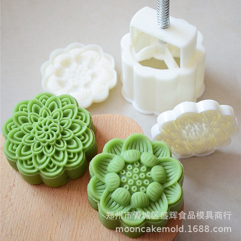 Khuôn trung thu lò xo 2 mặt hoa sen tháp 4D 150g