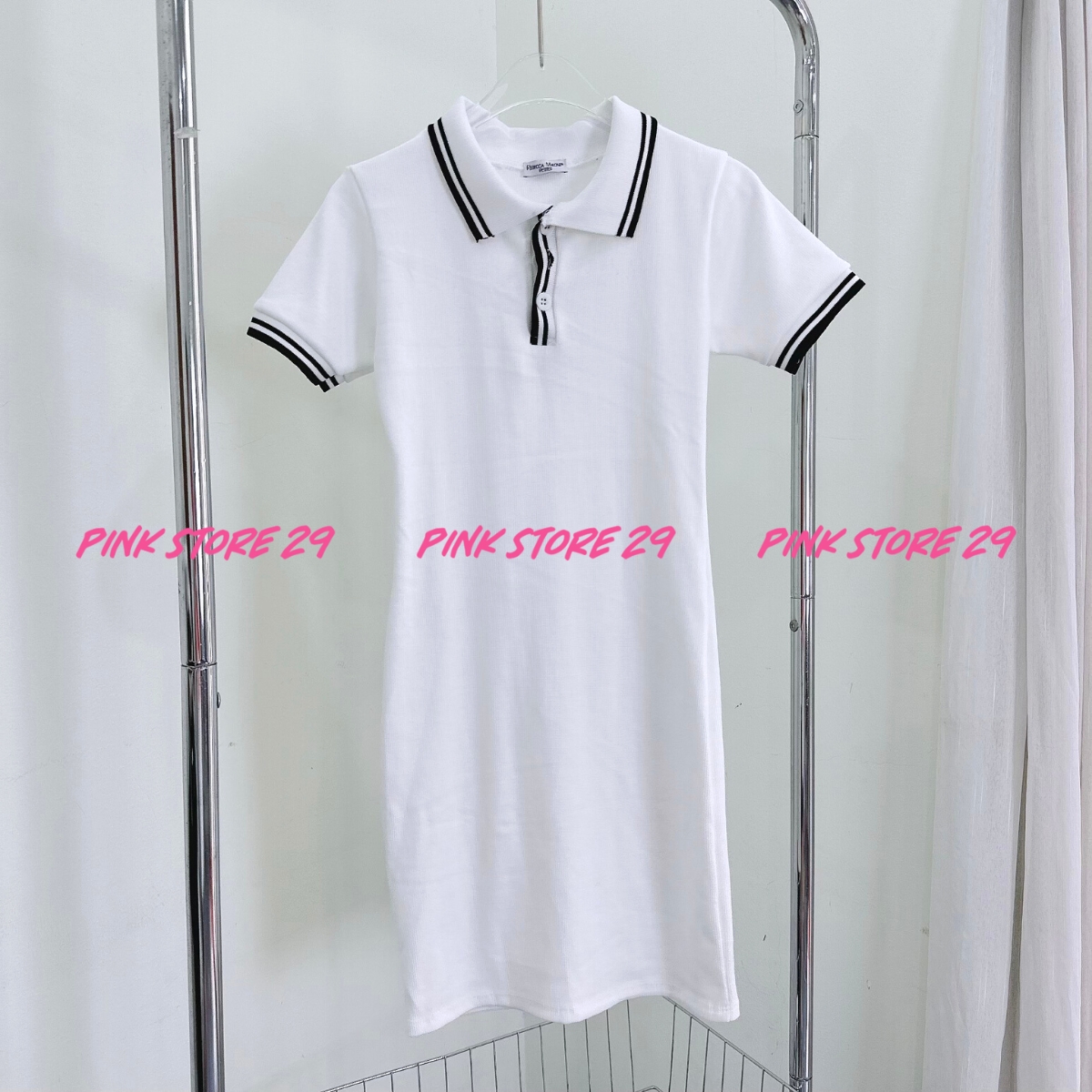 Đầm thun tay ngắn pinkstore29 dáng ôm body, cổ bẻ phối cúc kiểu d108