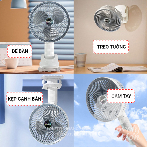 (có sẵn)Quạt sạc tích điện cánh quạt lớn 3 cấp độ gió(để bàn,kẹp,treo hoặc cầm tay)