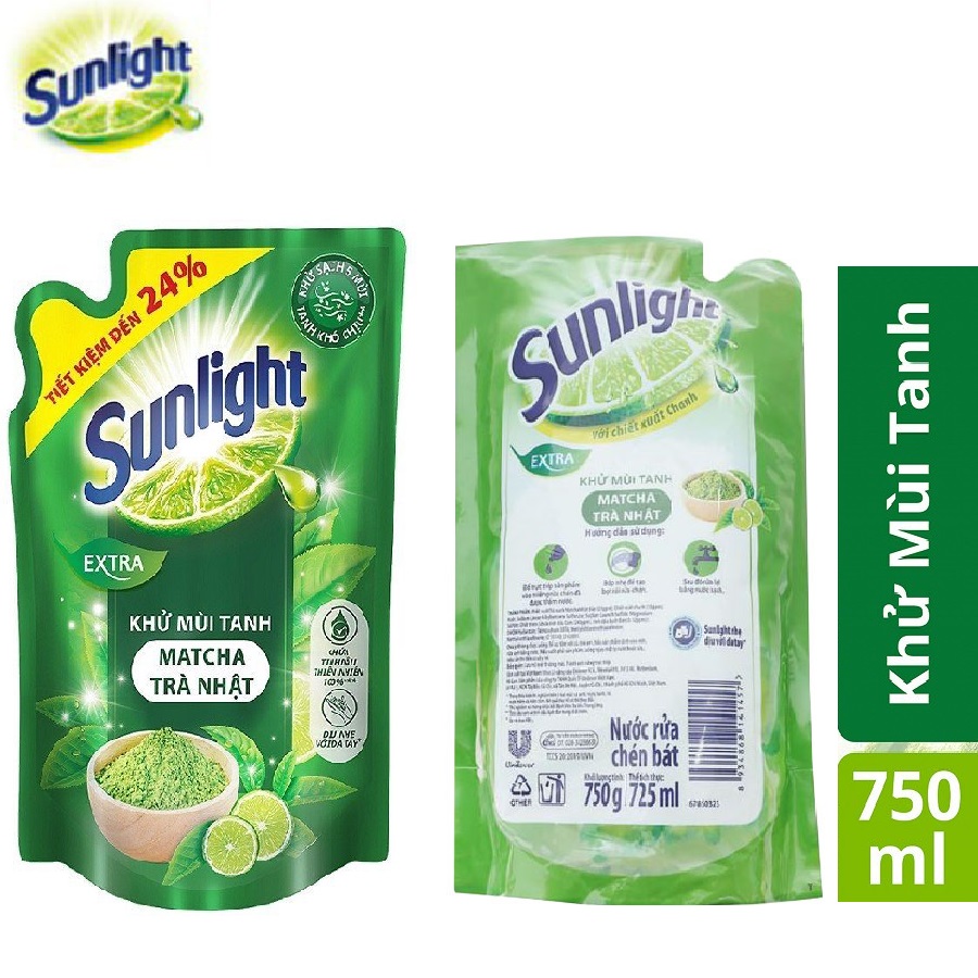 [HCM]Nước rửa chén Sunlight túi 750g (Matcha trà nhật/Chanh/Lô hội)