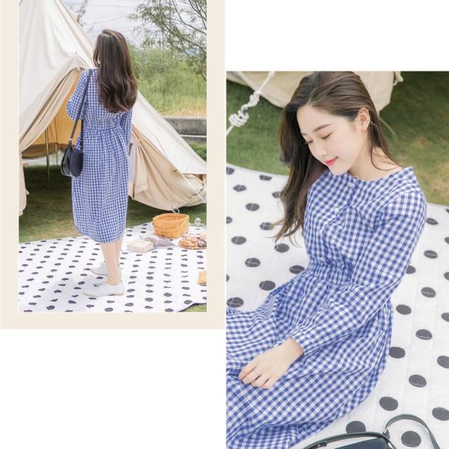 Đầm caro xanh tay dài