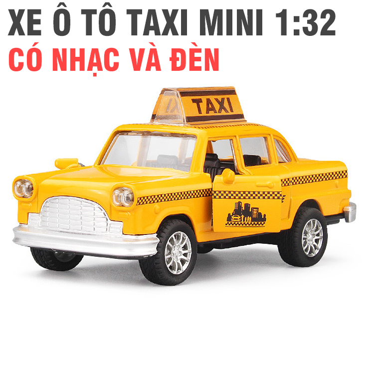 Đồ chơi trẻ em mô hình xe ô tô taxi mini màu vàng tỉ lệ 1:36 xe bằng sắt mở 2 cửa trước có âm thanh và đèn