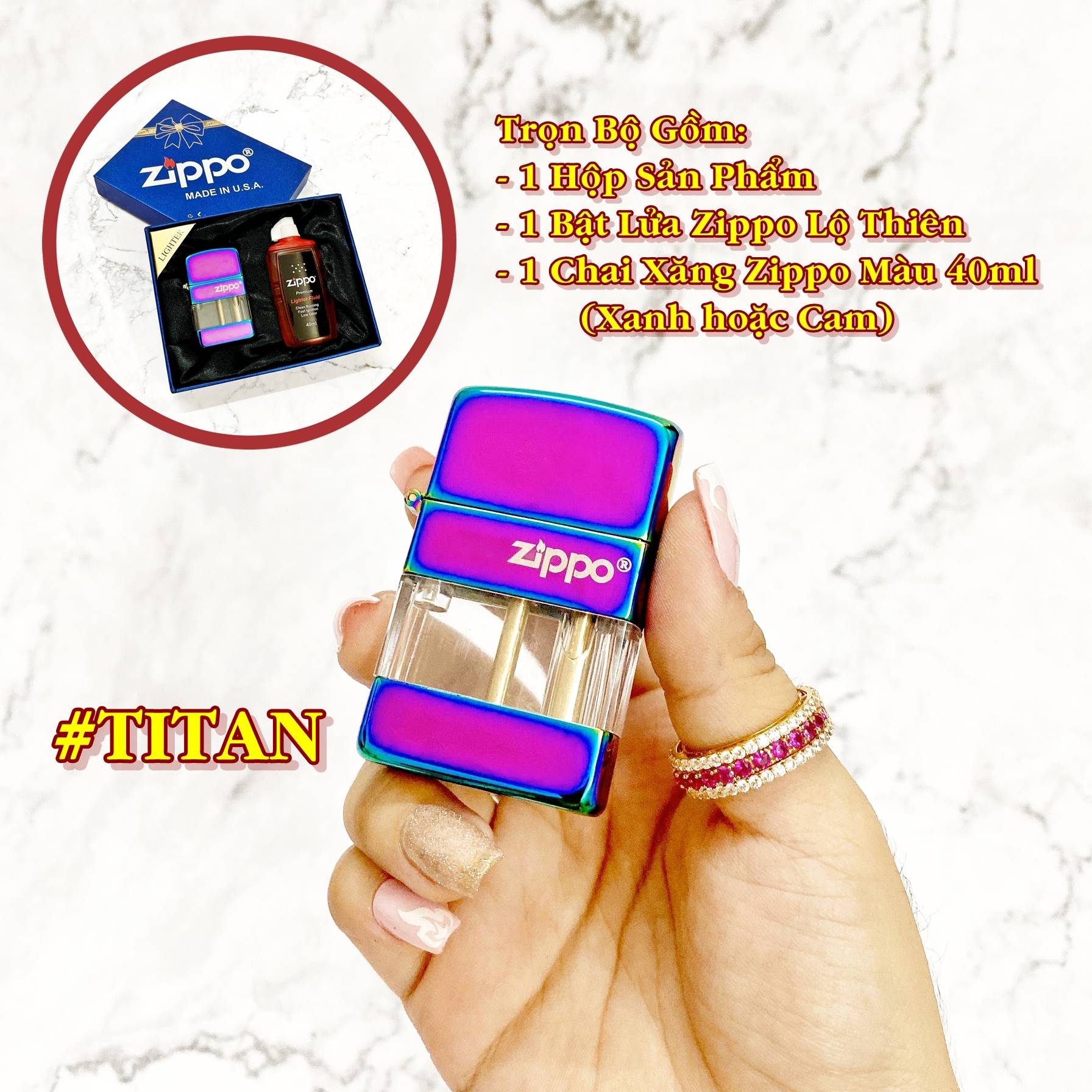 BẬT LỬA ZIPPO XĂNG LỘ THIÊN (FULL BOX) - (XÀI XĂNG) # TITAN ( ĐỦ MÀU )