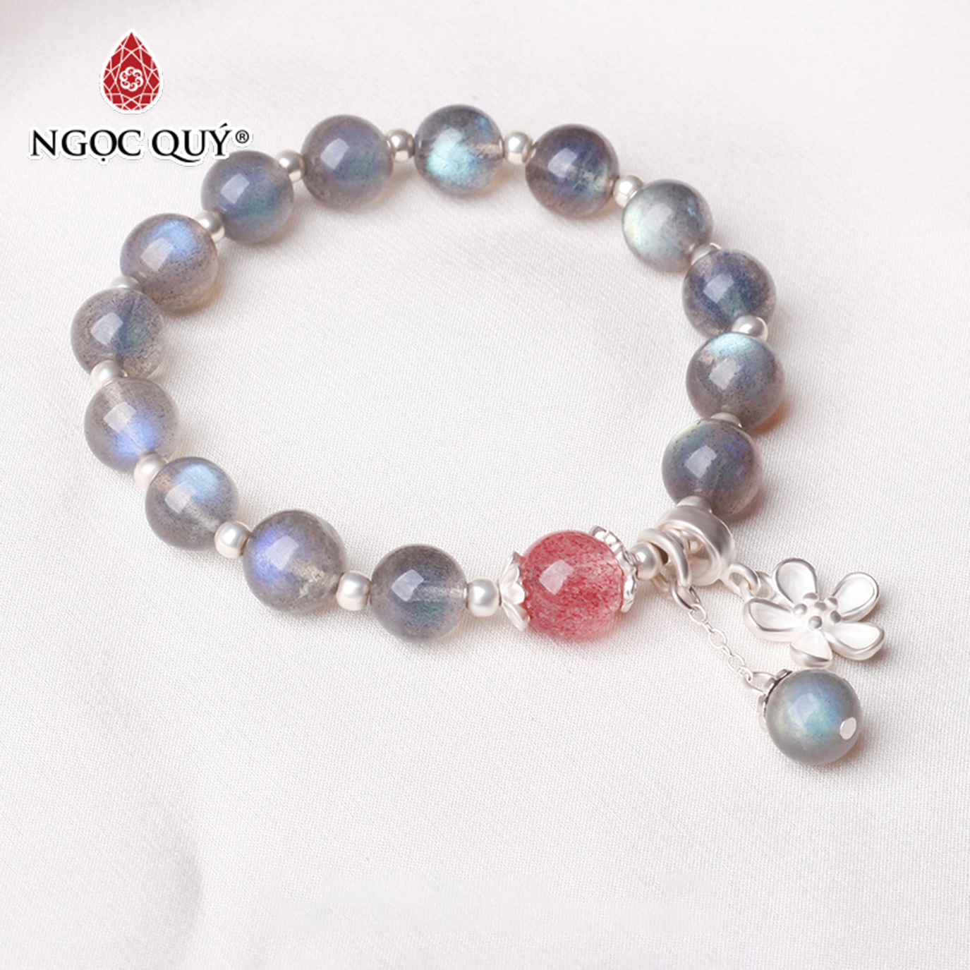 [HCM]Vòng tay đá xà cừ phối charm hoa bạc mệnh thủy kim- Ngọc Quý Gemstones