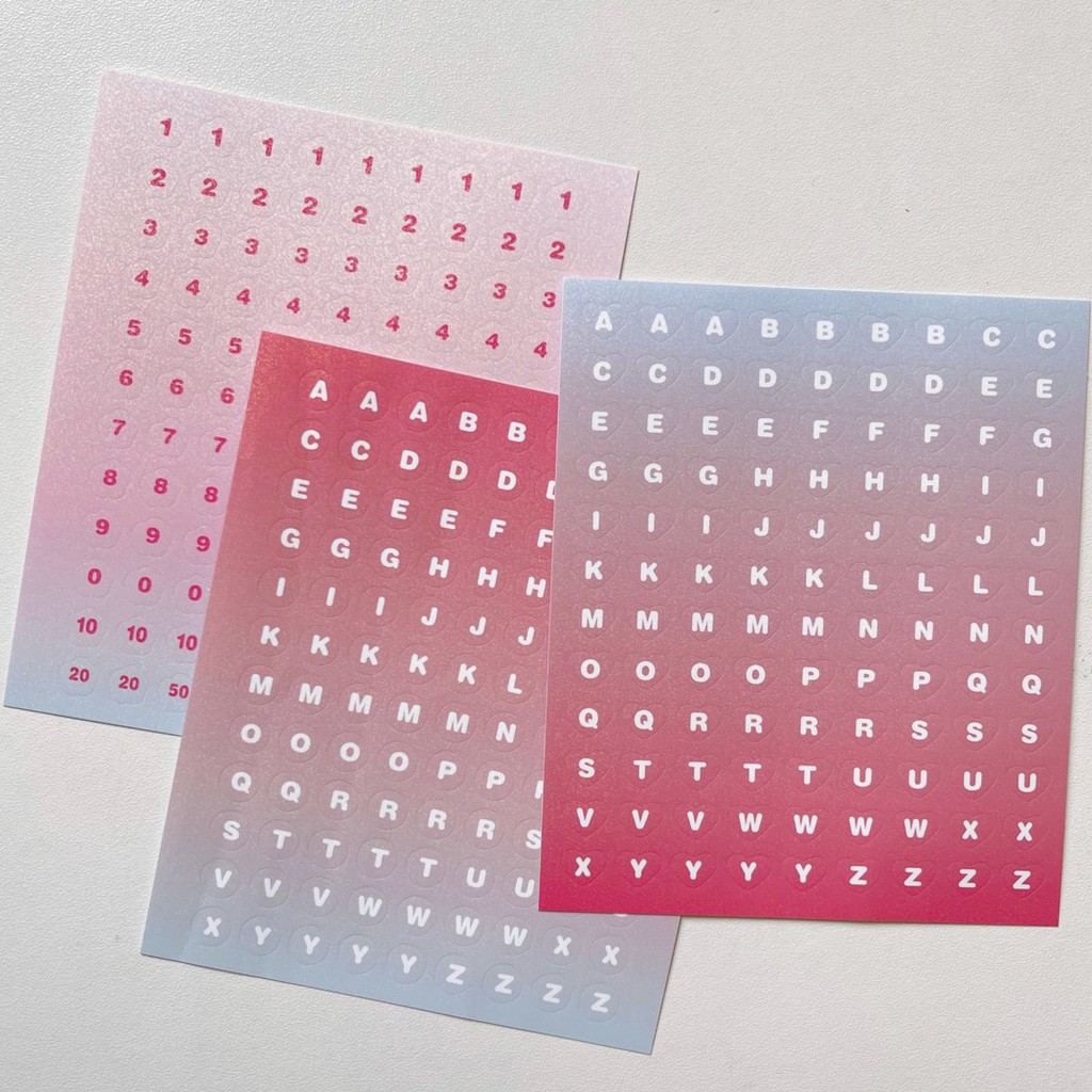 Set 3 tờ sticker alphabet và số ombre trái tim