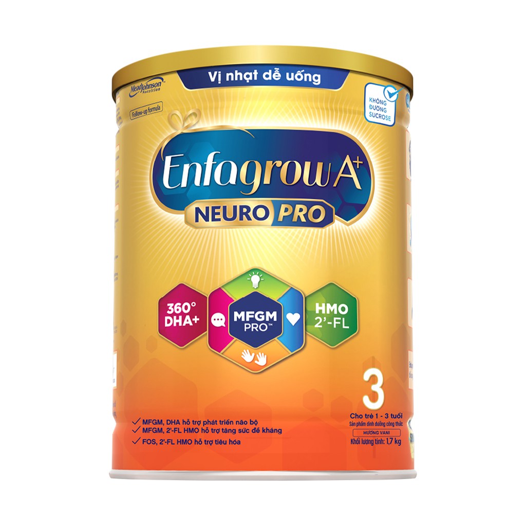 Sữa Bột Enfagrow A+ 3 Hương Vani Với 2’-FL HMO Vị Nhạt Dễ Uống Hộp 1,7kg (Cho trẻ từ 1~3 tuổi)