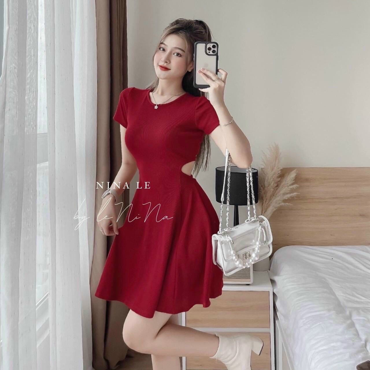 Váy đầm nữ dáng xòe hở eo cột nơ lưng xinh xắn