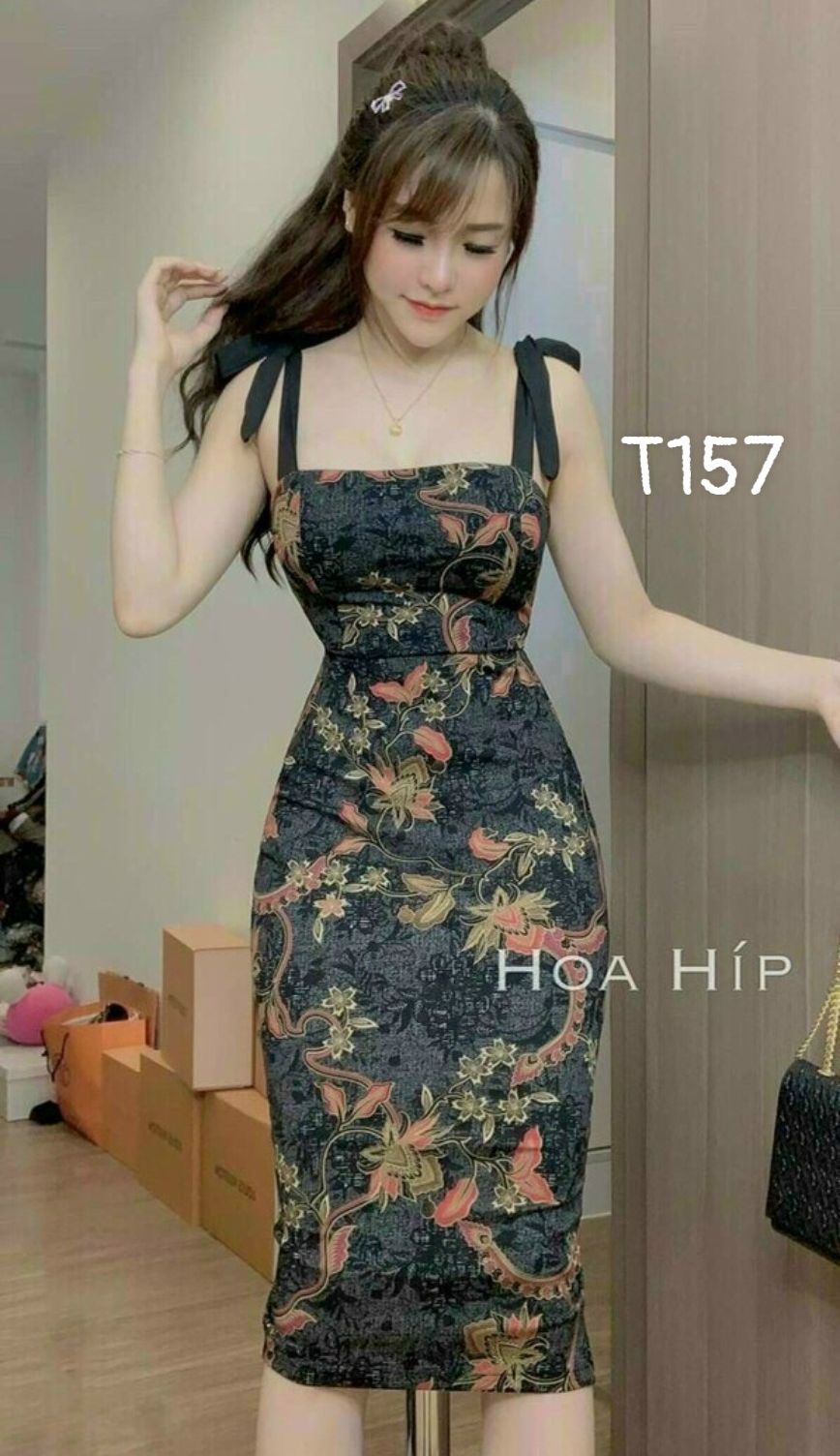 Đầm body 2 dây ôm dáng dài in hoa có mút T157