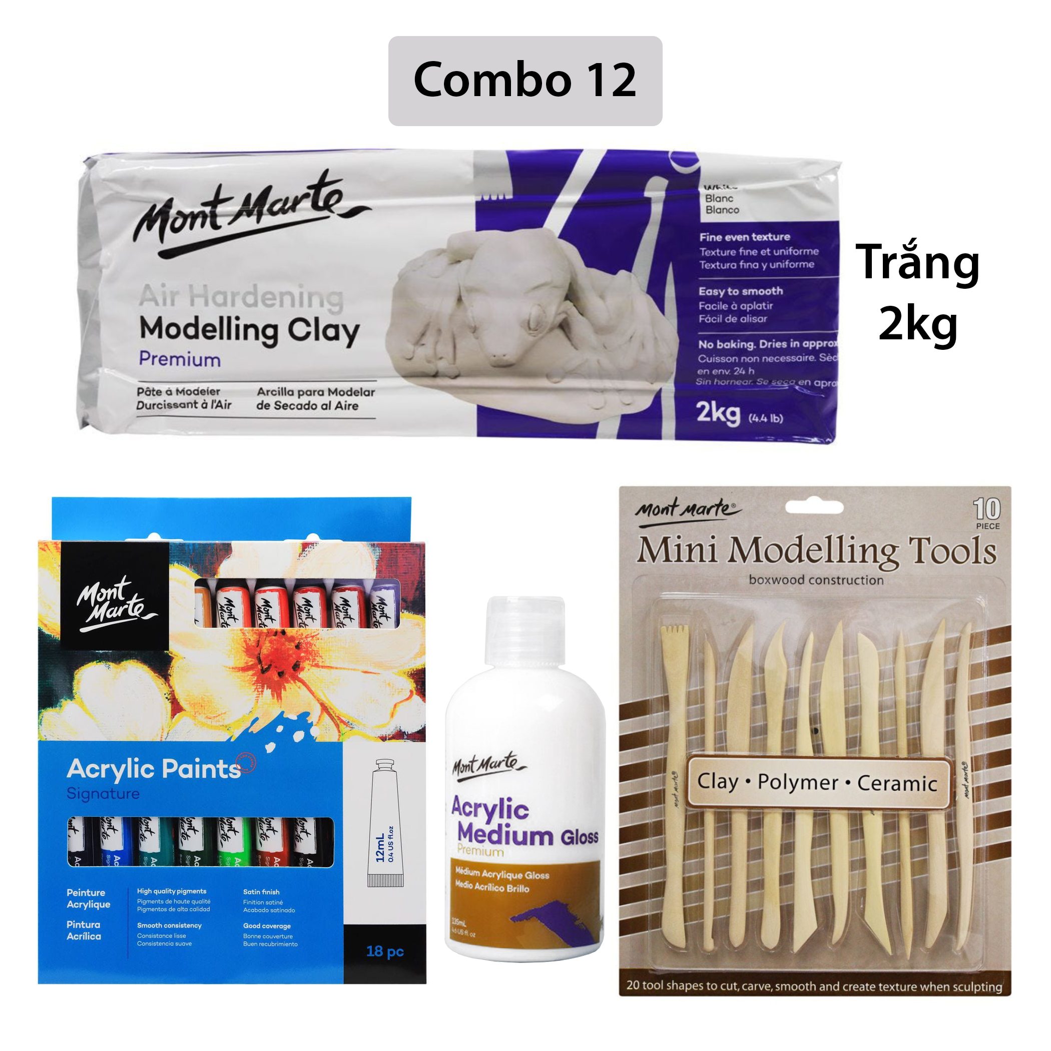 [Giao Hỏa Tốc] Combo Đất Sét Tự Khô 2kg Mont Marte và dụng cụ (Air Hardening Modelling Clay)