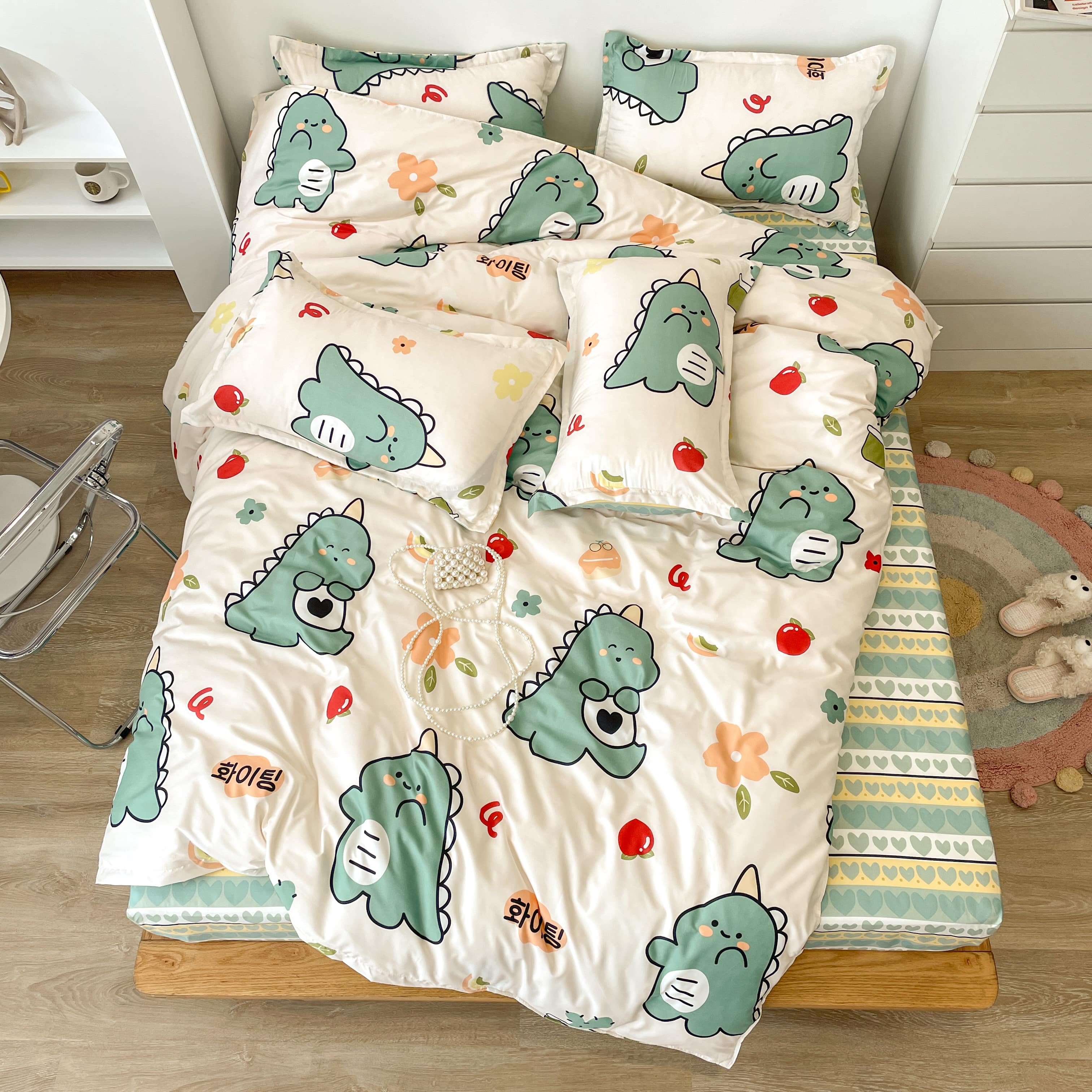 Bộ 4 Món Vỏ Chăn Ga Gối Coton poly Khủng long cà chua cao cấp ( không kèm ruột )