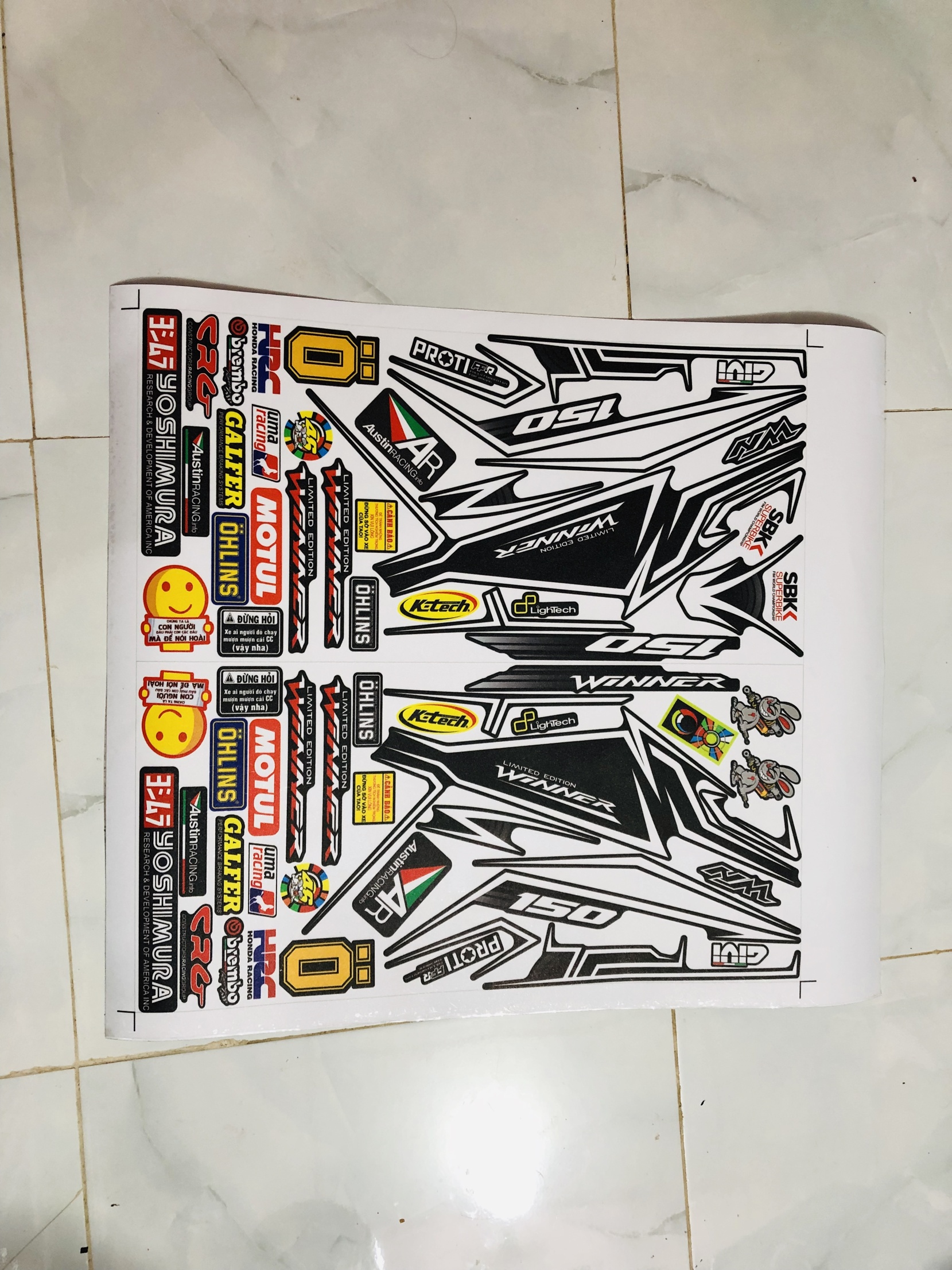Tem rời winner dán xe đen chỉ trắng nhám