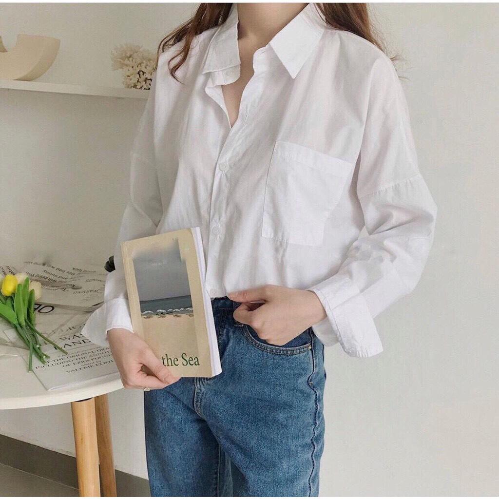 [HOT] Áo Sơ Mi Trắng Trơn Dài Tay 1 Túi Oversize Basic