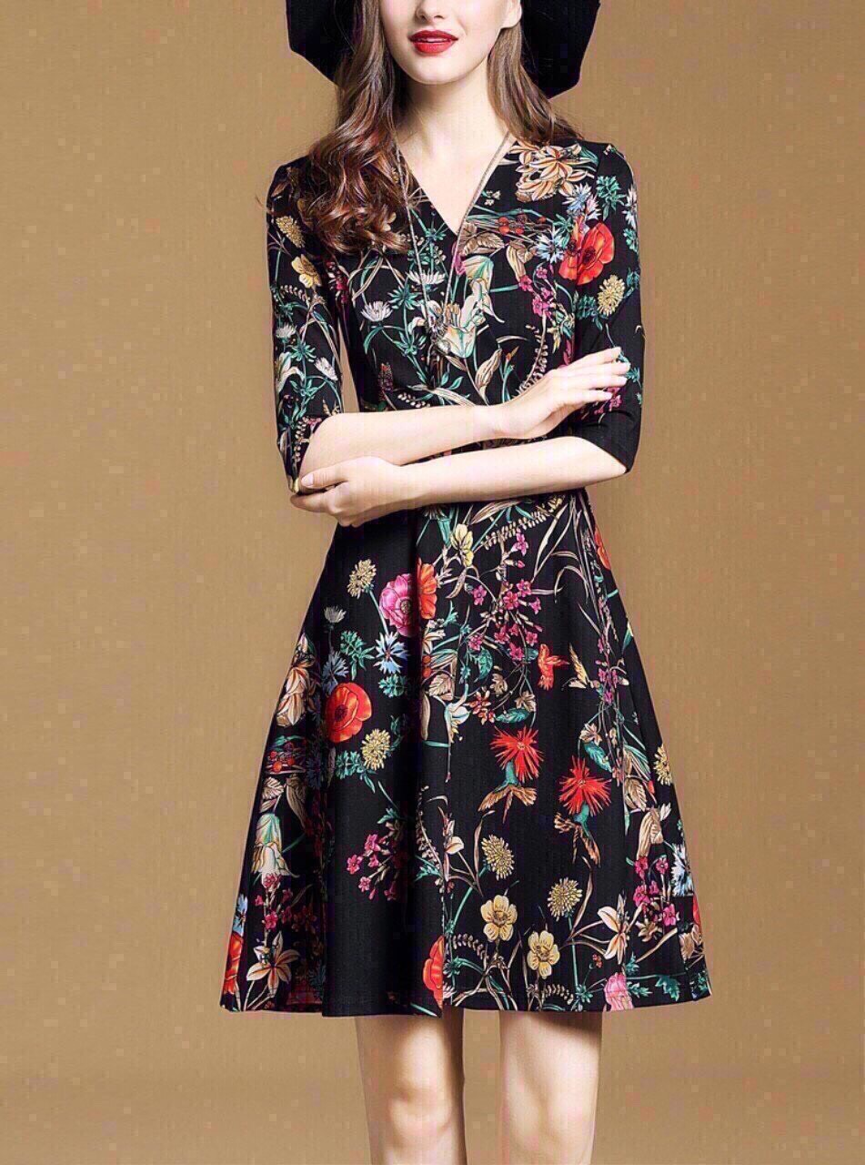 ĐẦM HOA CỔ ĐẮP CHÉO SANG TRỌNG . QC265814