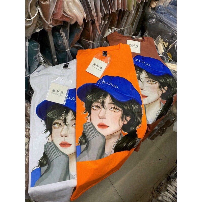 FREE SHIP Áo phông thun cotton in hình cô gái , áo phom rộng co giãn thoải mái 65kg
