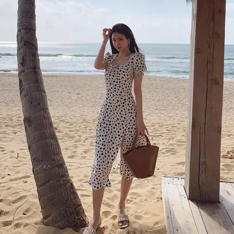 Đầm Bi Đen Lớn Xẻ Tà Kèm Hình Vải Thật.