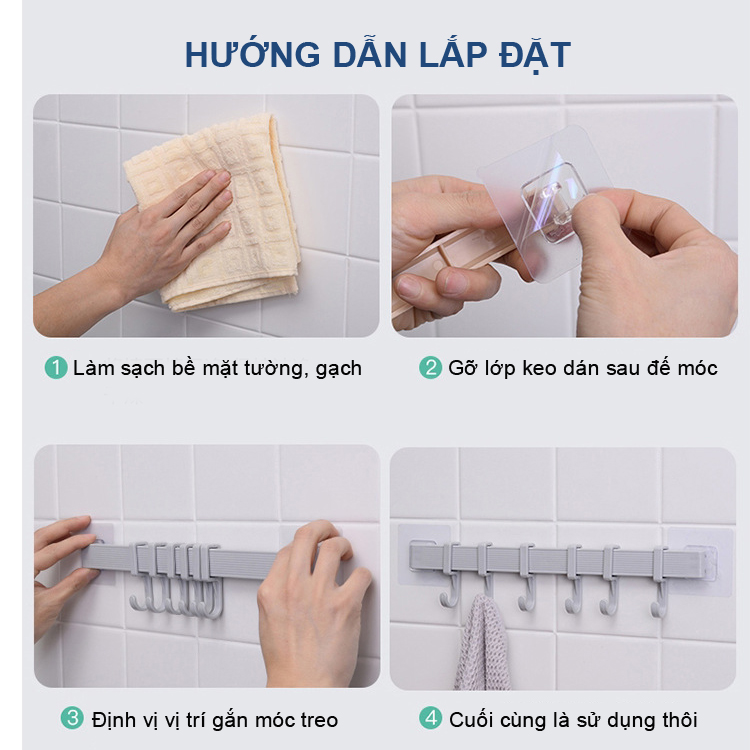 Thanh treo đồ 6 móc  dán tường siêu chắc