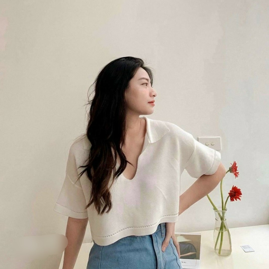 Áo croptop nữ trơn kiểu cổ sơ mi