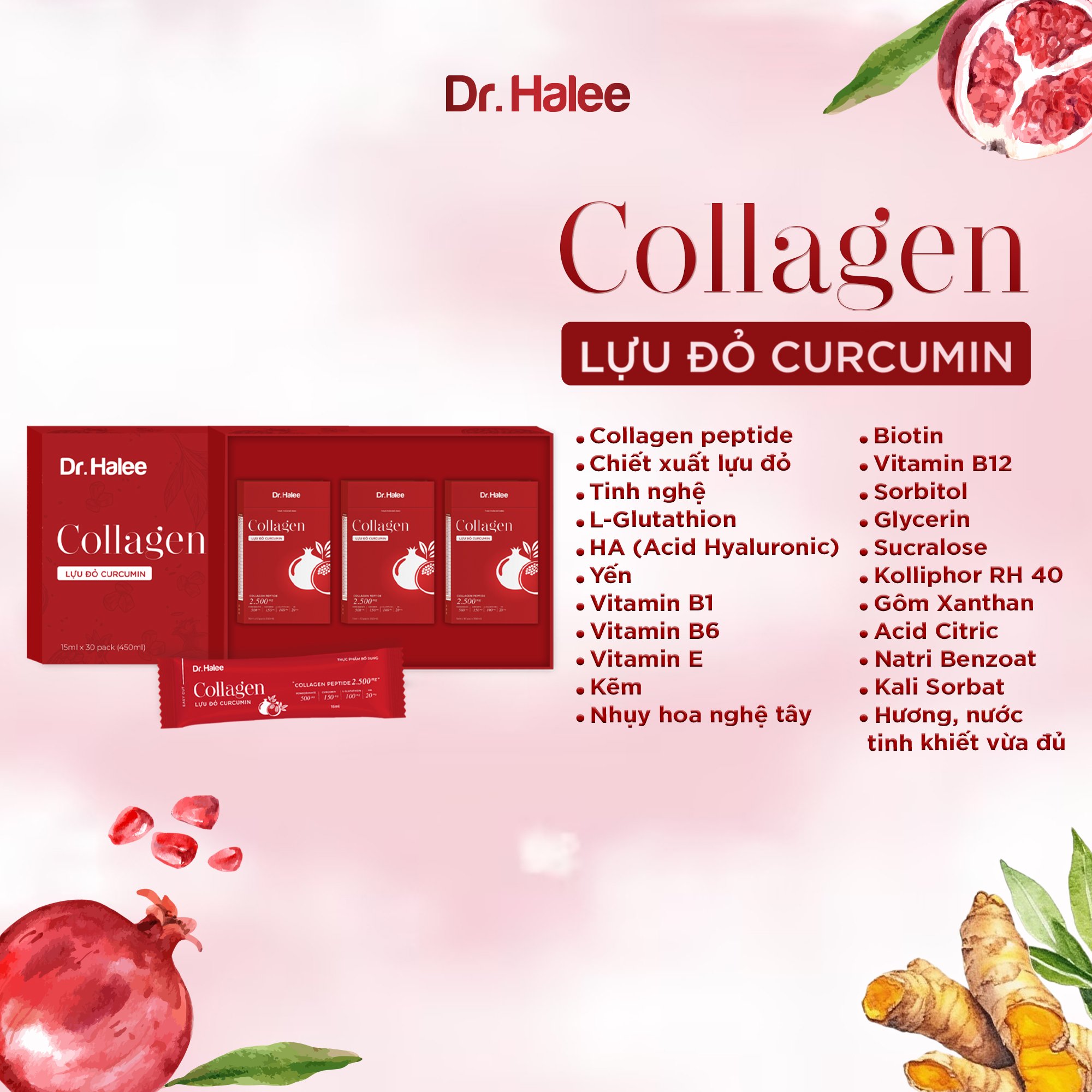 Collagen Lựu đỏ Curcumin - Hộp 30 gói