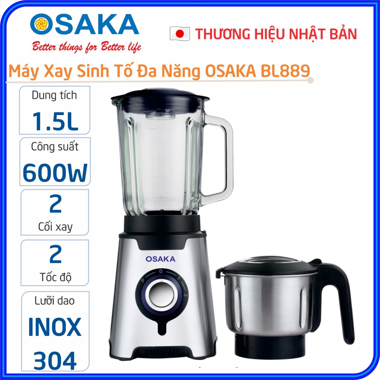 Máy xay sinh tố đa năng osaka bl889, 2 tốc độ, công suất mạnh mẽ 600w, dung tích 1.5l, bảo hành chính hãng 12 tháng - freeship