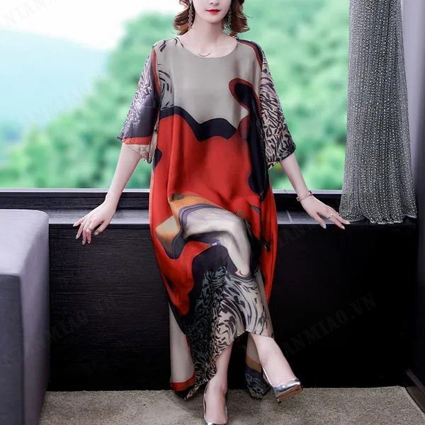 NianMiao Fashion Summer Loose Slim Silk Print Dress