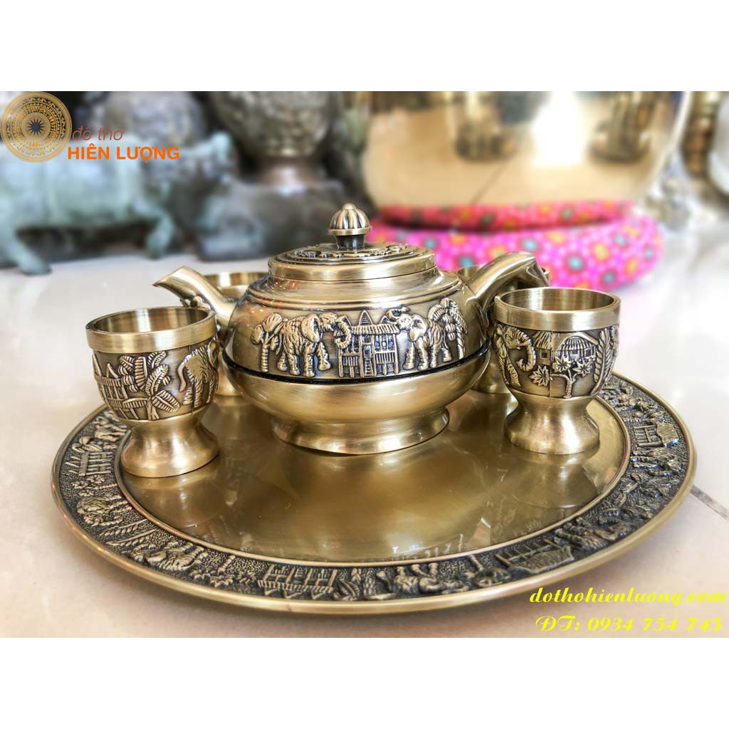 Bộ Ấm Chén Uống Trà Cao Cấp Bằng Hợp Kim Đồng Gồm: 1 Ấm + 6 Chén + 1 Khay