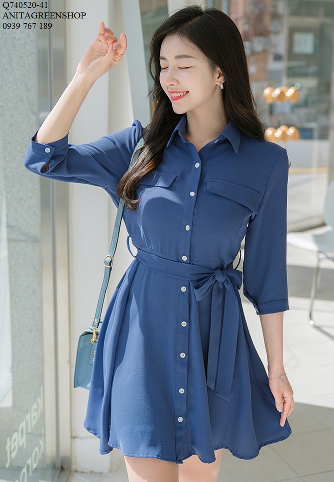 Q740520 ĐẦM VOAN SƠ MI THẮT NƠ EO