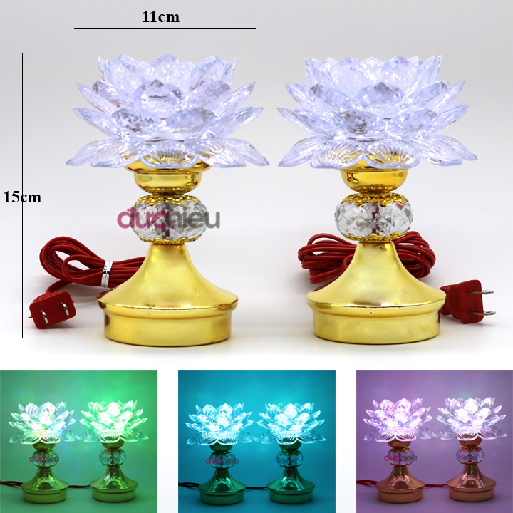 Bộ 2 Đèn Hoa Sen Đá Pha Lê Cao Cấp ĐỨC HIẾU Đổi 7 Màu Trang Trí Bàn Thờ Cúng
