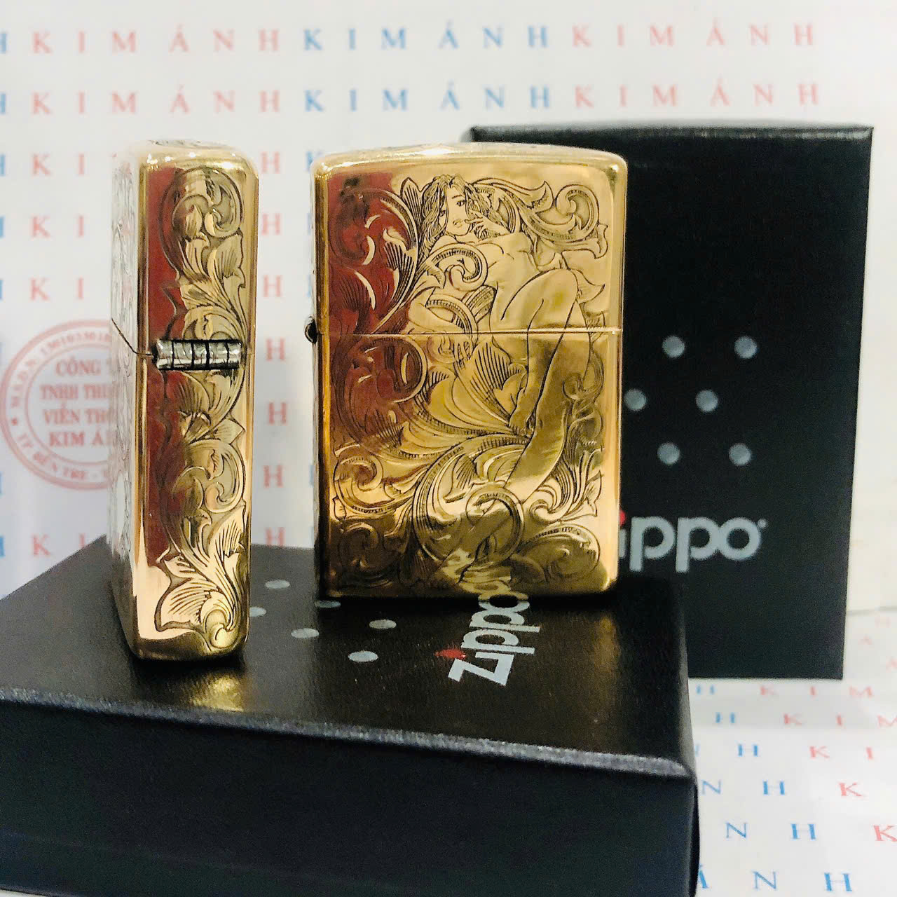 Zippo Lighter with Laser Engraving of 5 Faced Images of Women, High-Quality Product with Copper Shell and Red Stamp.
