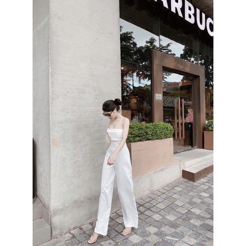 [HÀNG ĐẸP sẵn mút ngực] Jumpsuit Ống Suông Cúp Ngực Xếp Li Tôn Dáng