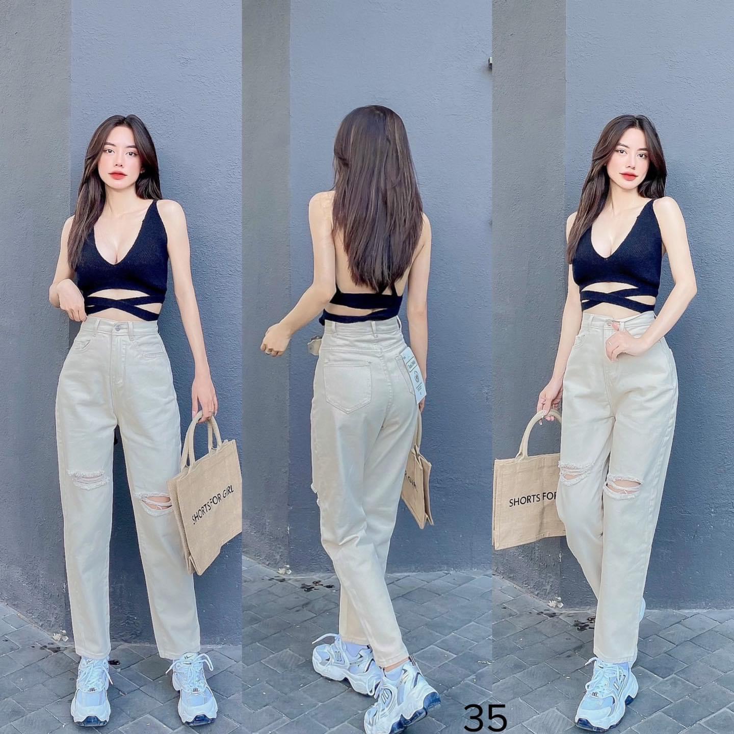 Quần baggy kaki nữ lưng cao mẫu rách ngang, quần kaki nữ Trắng, chất kaki jean mịn cao cấp THỜI TRANG CAO CẤP HUYNE HOUSE