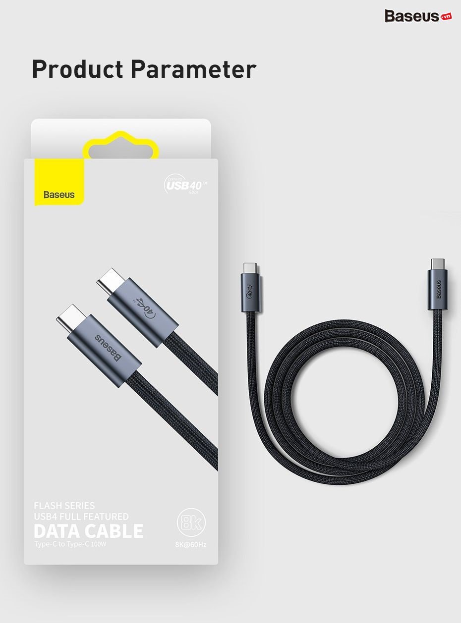 Cáp sạc siêu nhanh, dây sạc nhanh Baseus Flash Series USB4 Full Featured Data Cable Type-C to Type-C 100W 40Gbps