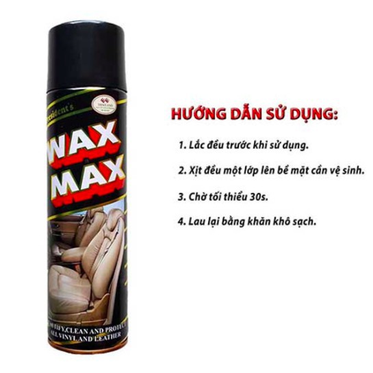 Xịt bóng nội thất ô tô và các loại da Wax Max 500ml, làm mới nội thất đồ da, gỗ, cao su, nhựa ô tô nhà cửa