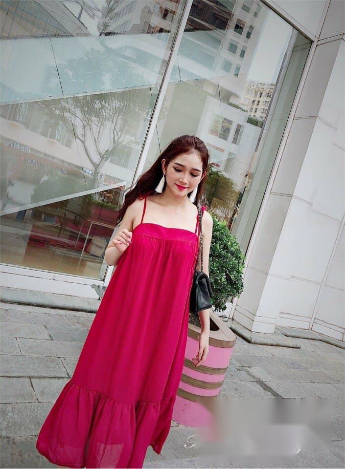 Đầm maxi biển đuôi cá 2 dây hồng