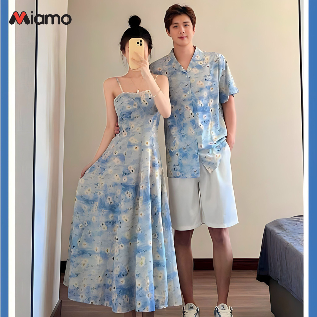 Đồ Đôi Nam Nữ Hoa Xanh (Áo Sơ Mi Nam + Đầm Nữ) Dễ Thương Thời Trang Miamo MIO3
