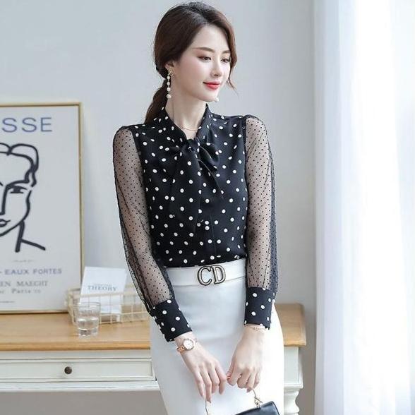 [HCM]ÁO SƠ MI CÔNG SỞ NỮ CHẤM BI TAY PHỐI LƯỚI CAO CẤP