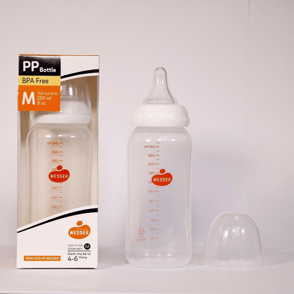Bình sữa PP Wesser cổ hẹp 250ml ( núm vú size M )