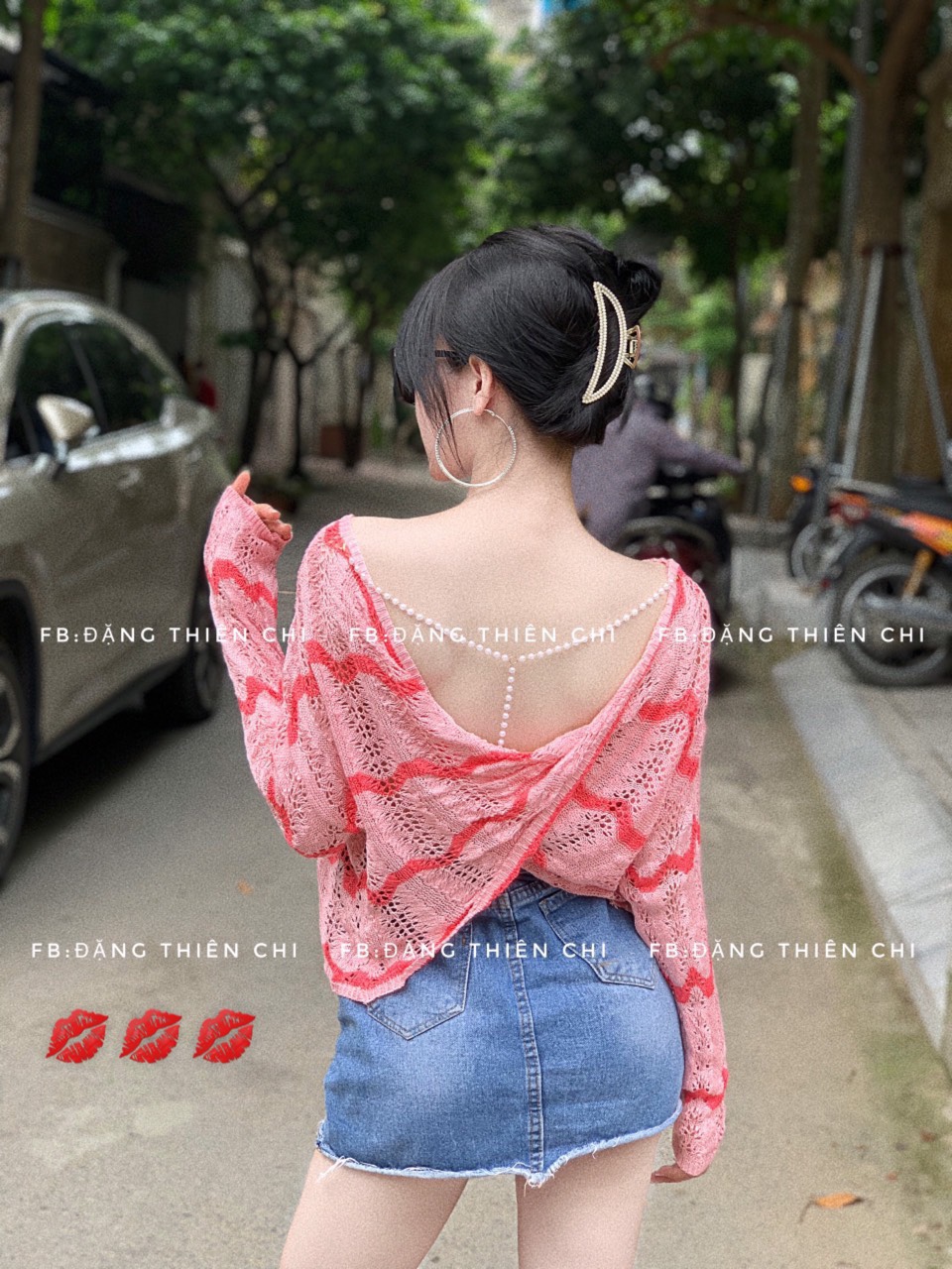 Áo len lưới xoắn lưng dây ngọc lượn sóng
